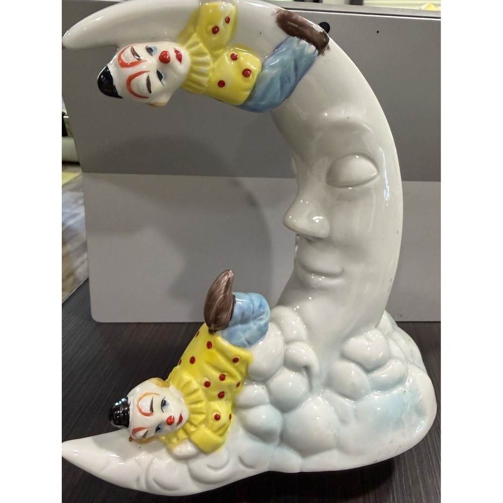 Vintage MCM Ceramic Crescent Moon With Clowns Kitsch Anthropomorphic Music
